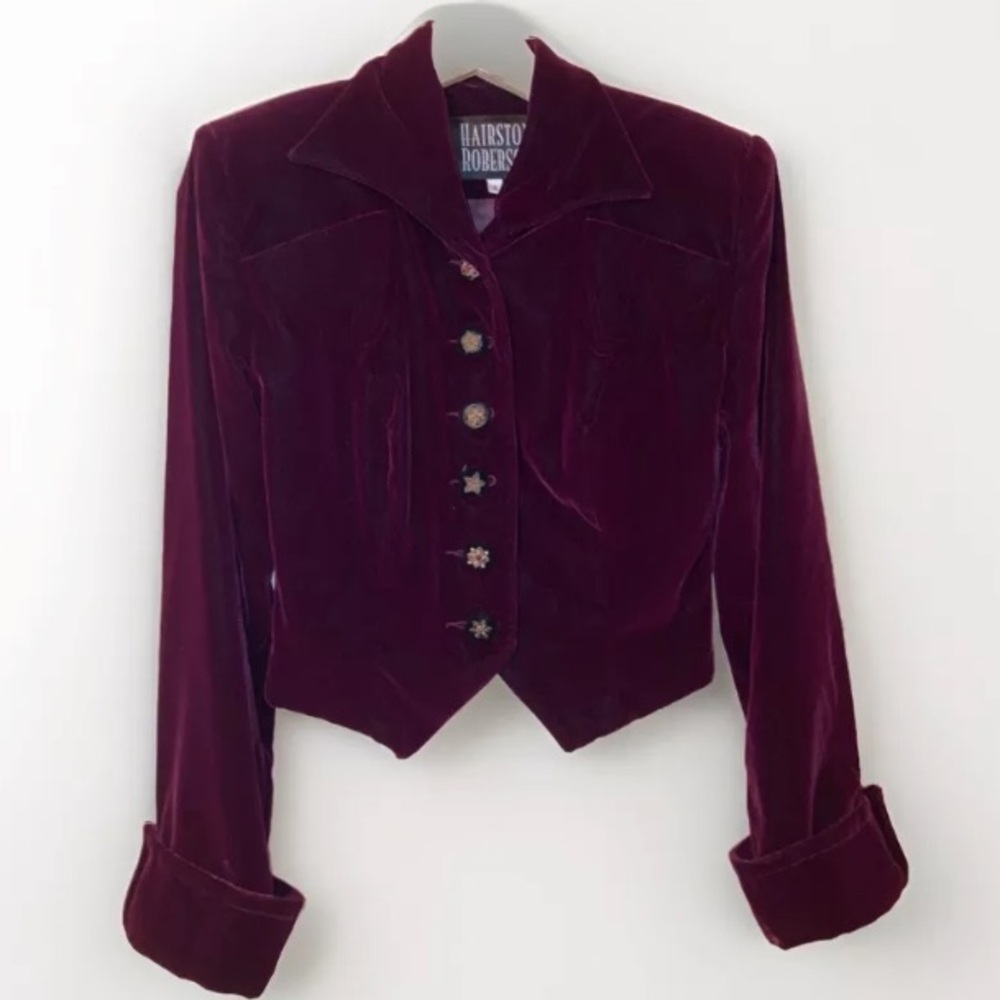 VTG Hairston Roberson Blazer Velvet Victorian Romantic Crop Burgundy Holiday